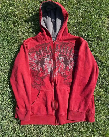 2000s Red Couple Zipper Hoodie – Vintage Y2K Skull Snake Cotton Full-Zip Sweatshirt