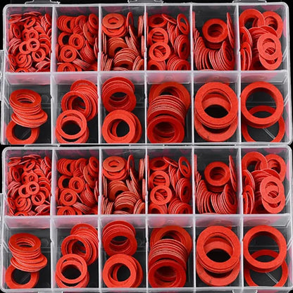 600Pcs Flat Washer Assortment Set – M10–M32 Red Steel & Fiber Insulation Sealing Rings for Fasteners, Bolts & Spacers