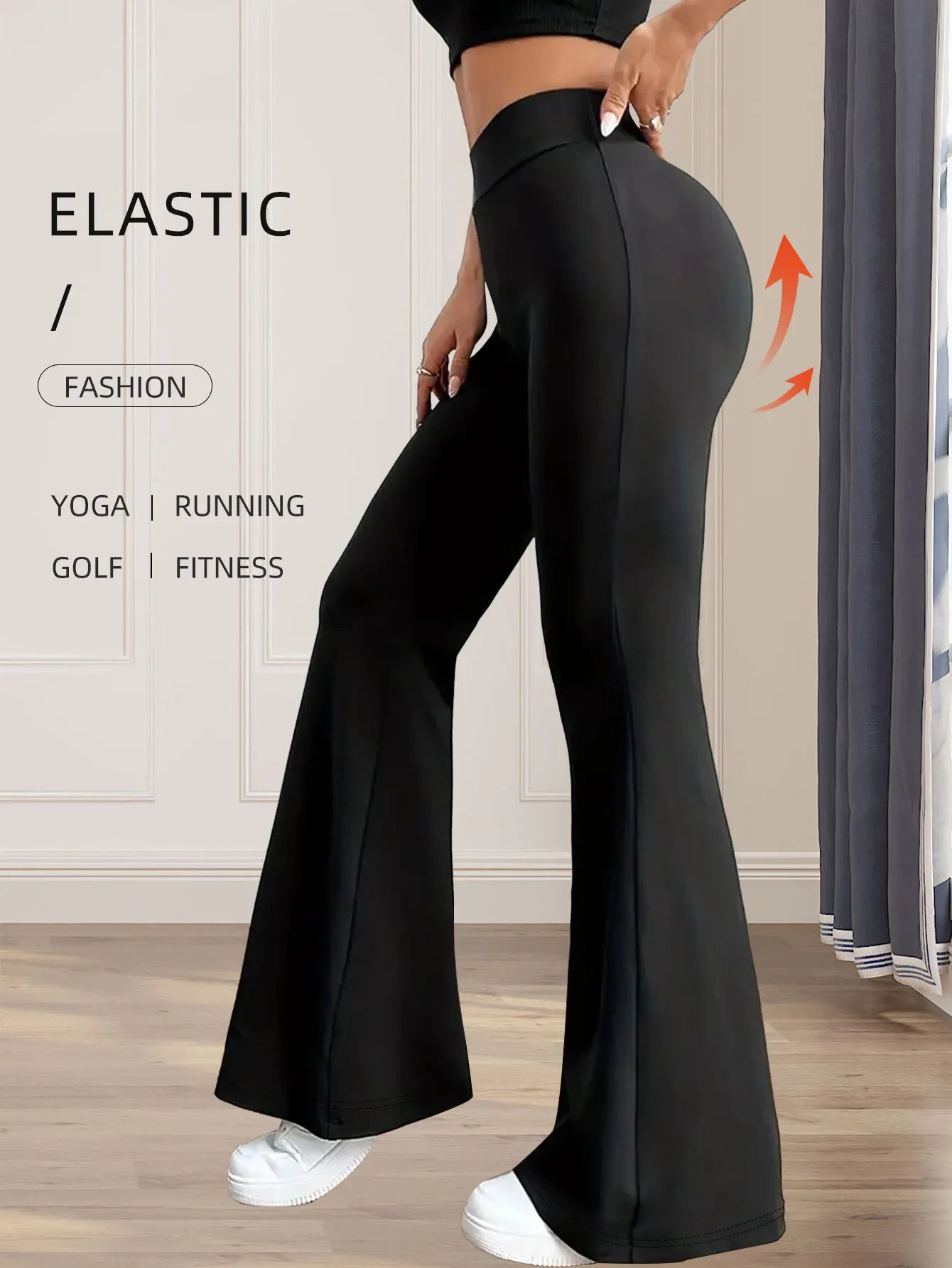 Women's High-Waisted Flared Pants - Slim-Fit Lightweight Wide-Leg Black Trousers