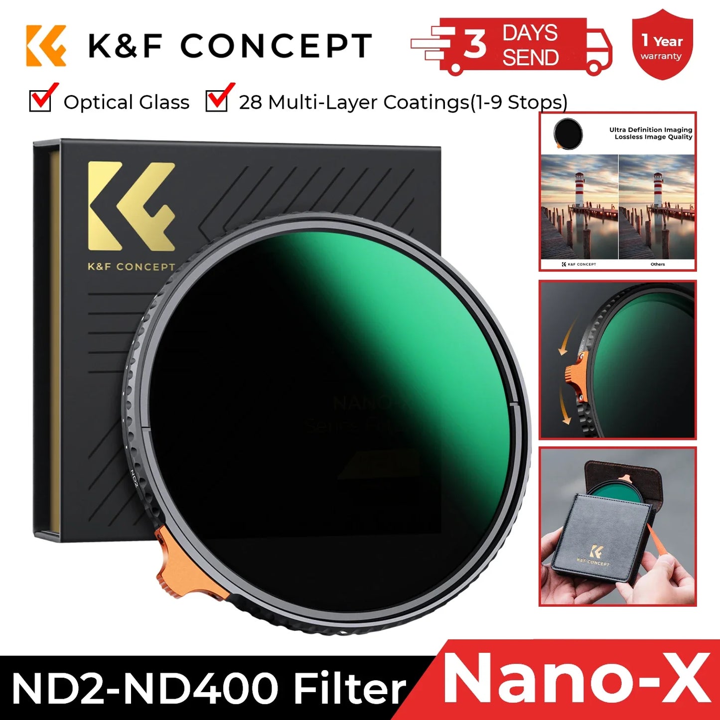K&F Concept Variable ND Filter ND2–ND400 | HD Adjustable Neutral Density Lens Filter, 49mm–82mm