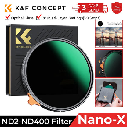 K&F Concept Variable ND Filter ND2–ND400 | HD Adjustable Neutral Density Lens Filter, 49mm–82mm