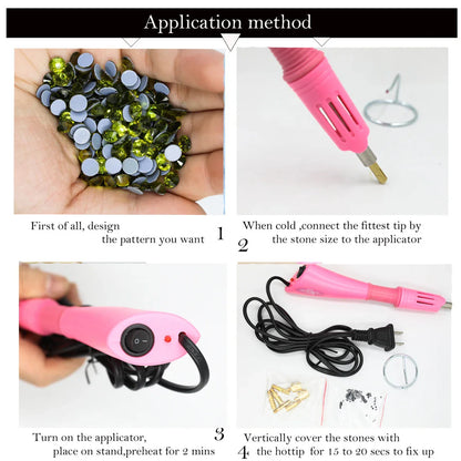 Fast Heated Hotfix Rhinestones Applicator Iron-on Wand - EU/US Plug Heat-fix Tool Gun - Mixed Size Glass Diamonds