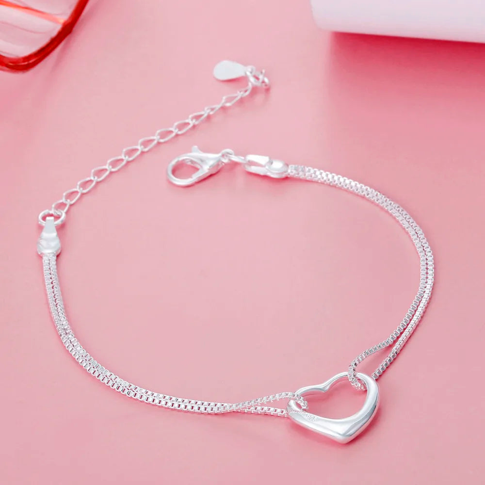 Original 925 Sterling Silver Heart Bracelet & Necklace Set for Women | Fashion Designer Jewelry for Parties & Weddings | Holiday Gift