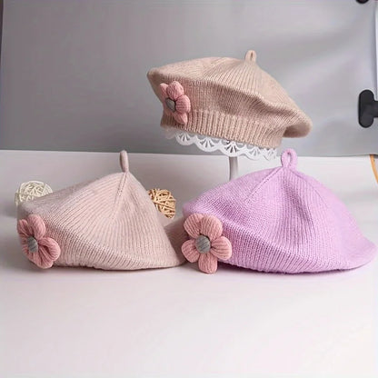 Flower Baby Beret Hat - Warm Knitted Winter Beanie Cap for Infant Girls & Toddlers