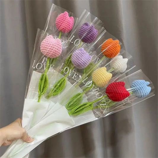 Hand-Knitted Rose, Tulip & Sunflower Bouquet – Crochet Simulation Floral Arrangement for Home Table Decor