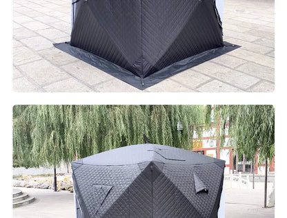Outdoor 3-4 Person 4-Season Sauna House – Thickened Winter Ice Fishing Tent with Large Window & Chimney Mouth, Quick Open & Portable