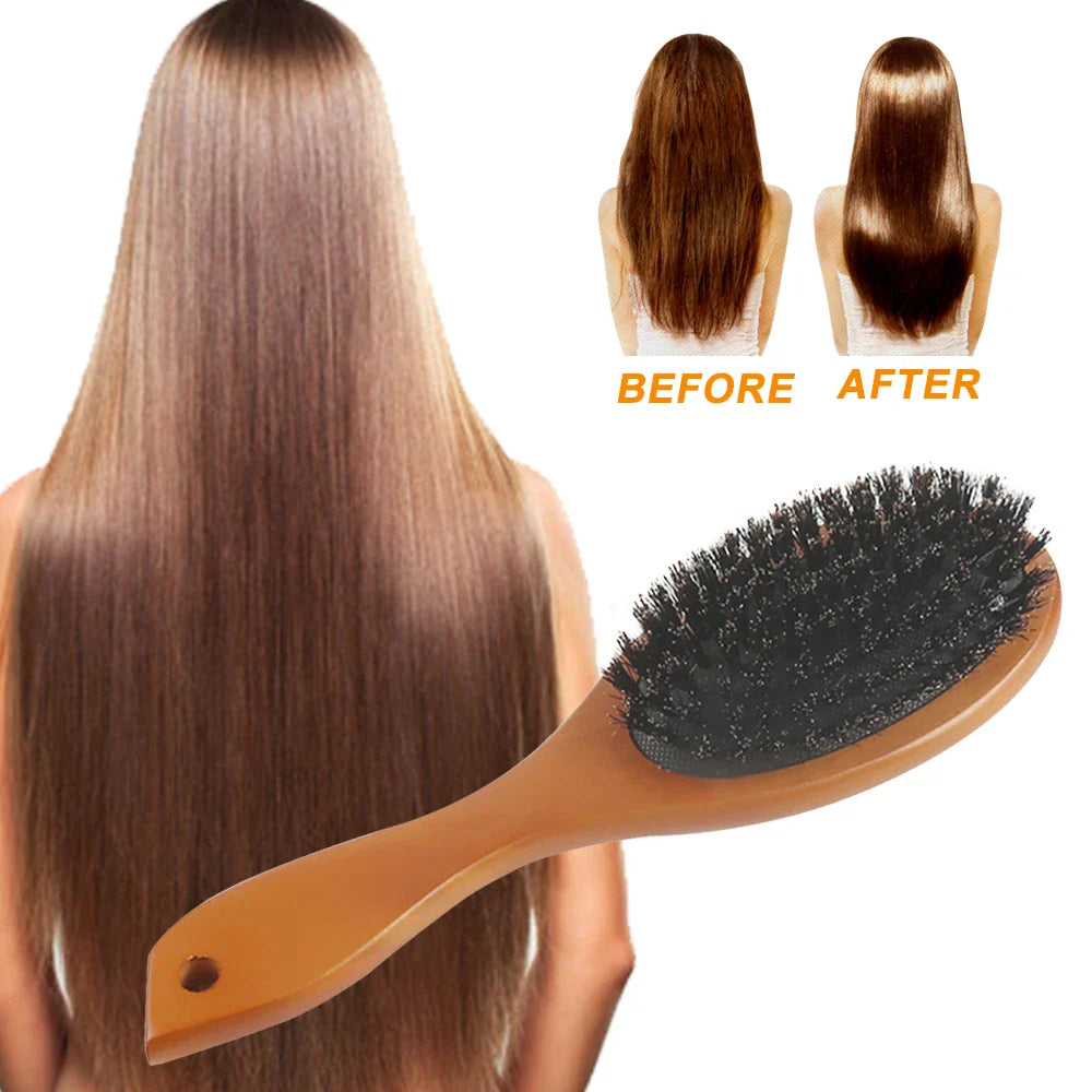 Natural Boar Bristle Hair Brush — Anti-Static Wooden Oval Comb for Women’s Hair Styling
