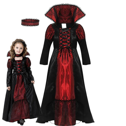 Girls Vampire Queen Costume - Black & Red Vintage Long Dress with Collar for Halloween & Cosplay