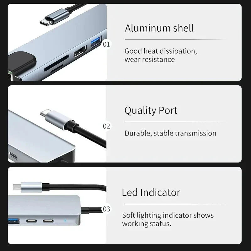 8-in-1 USB-C Hub 3.0 Splitter – 4K Docking Station Adapter with PD, SD, TF, RJ45, HDMI for MacBook Air M1, iPad Pro