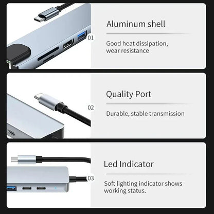 8-in-1 USB-C Hub 3.0 Splitter – 4K Docking Station Adapter with PD, SD, TF, RJ45, HDMI for MacBook Air M1, iPad Pro