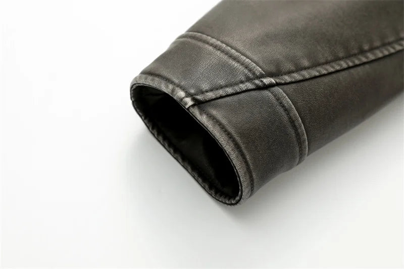 RARF 2024 Women's Washed Leather Jacket – Coal Gray Short Coat with Belt, Vintage Lapel & Zipper