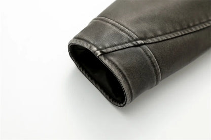 RARF 2024 Women's Washed Leather Jacket – Coal Gray Short Coat with Belt, Vintage Lapel & Zipper