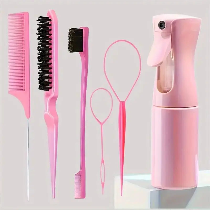 6-Piece Hair Brush Set – Hairdressing Spray Bottle, Braiding Loop, Rat Tail Comb, Teasing & Edge Control Brushes