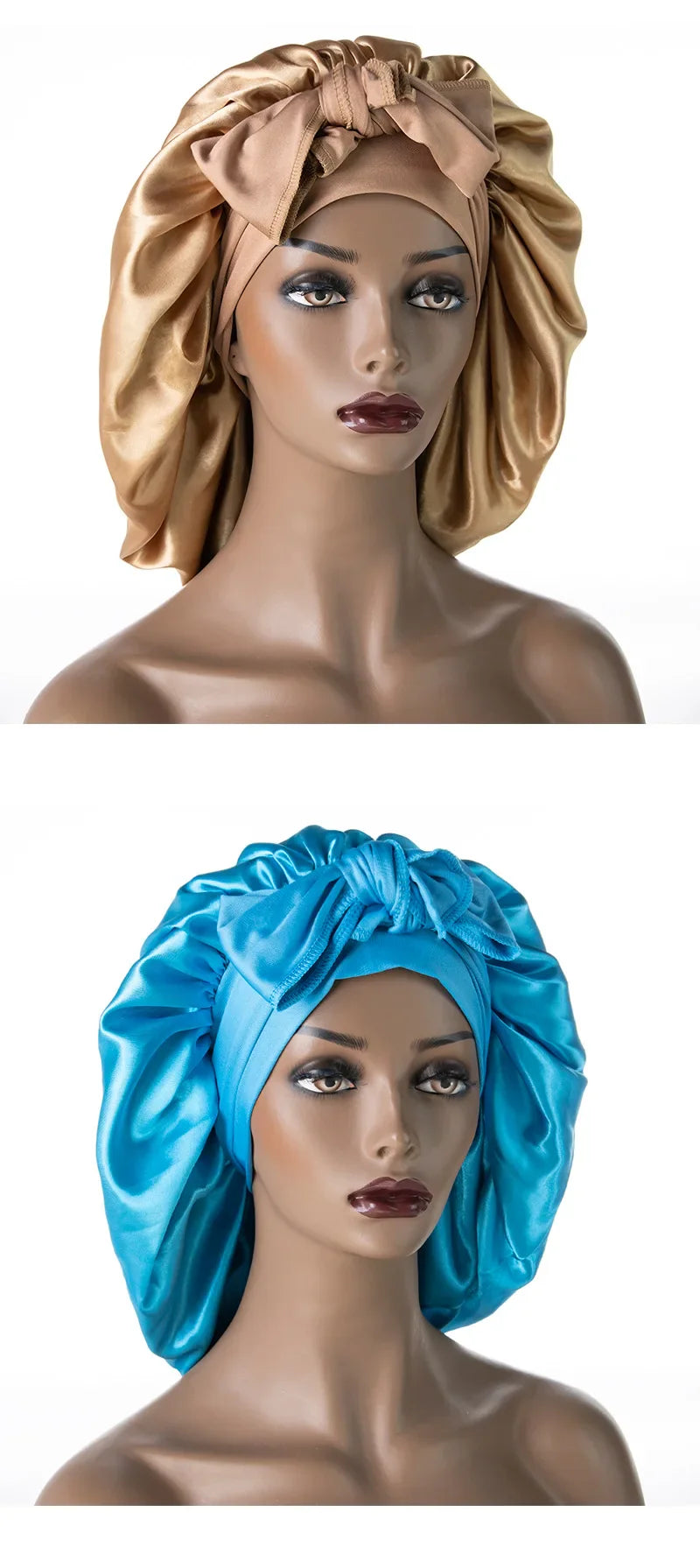 Satin Nightcap for Women - Wide Stretch, Extra-Large Long Tail, Shower Cap with Ribbon, Round Hat Hair Bonnet