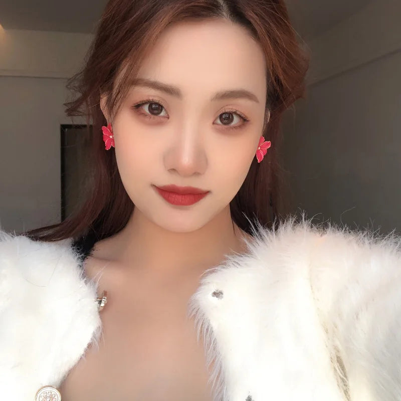 Modern 925 Silver Red Flower Stud Earrings — Spring/Summer Popular Big Earrings for Women & Girls, Fashion Jewelry Gift