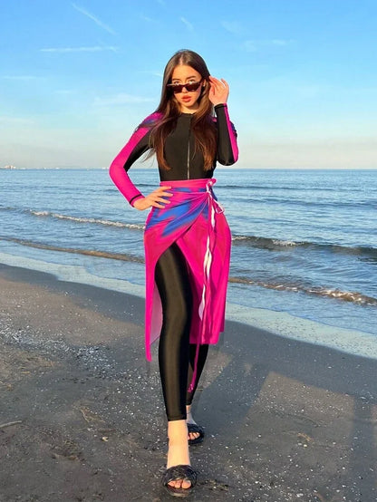 Women’s Muslim Burkini Swimsuit – Long Sleeve Zipper UV Sun Protection Modest Swimwear Gradient Sunset Red Orange Purple Beachwear