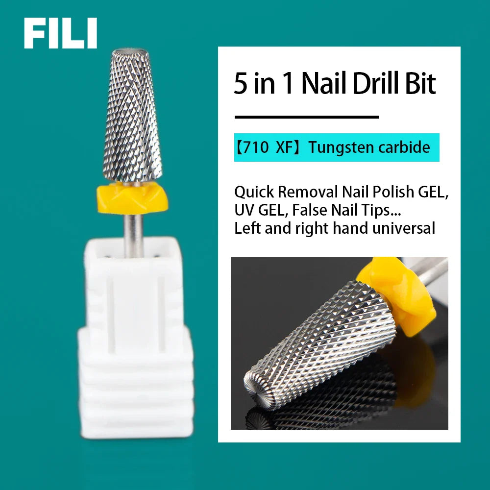 5-in-1 Tungsten Carbide Nail Drill Bits - Nail Art Equipment, Rotary Mills Cutter for UV Gel Removal & Manicure Tool