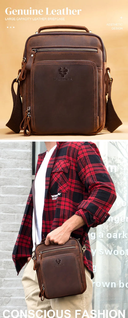 HUMERPAUL Genuine Leather Men's Shoulder Bag – Vintage Crossbody, Large Capacity Messenger Tote for Travel