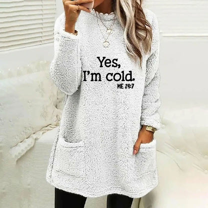 Women's Oversized Fleece Sweatshirt - Letter Print Pocket Long Sleeve Cozy Pullover