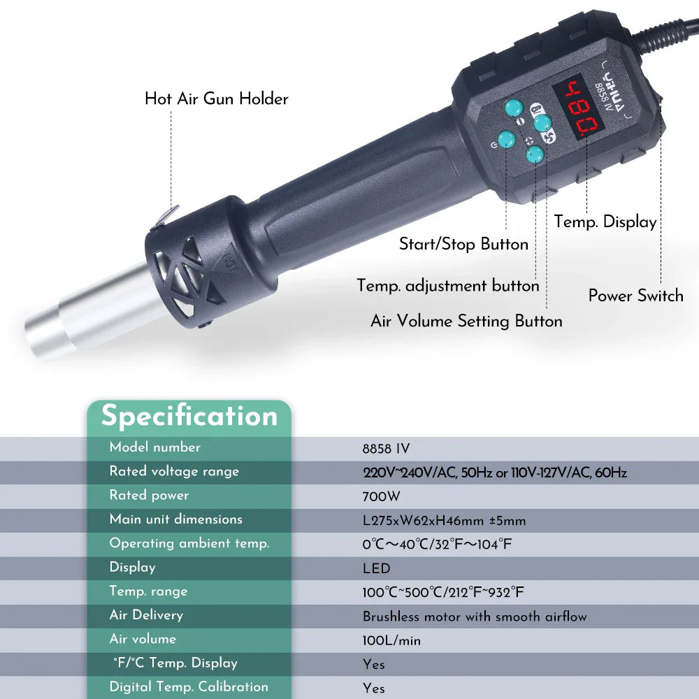 YIHUA Micro Hot Air Gun 8858IV – 700W Adjustable Temp LCD Digital Heat Gun for Soldering, BGA & IC Rework