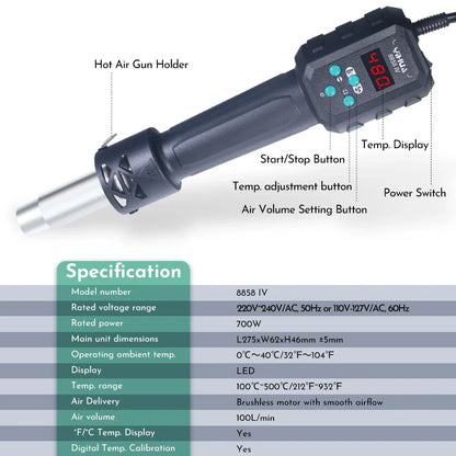 YIHUA Micro Hot Air Gun 8858IV – 700W Adjustable Temp LCD Digital Heat Gun for Soldering, BGA & IC Rework