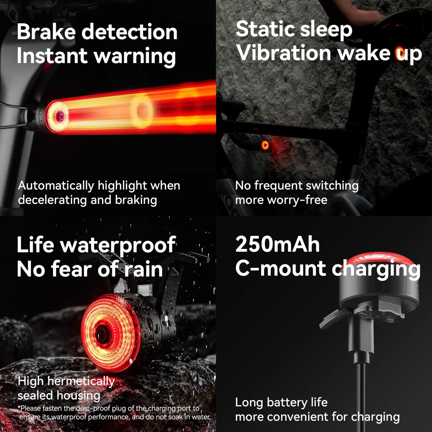 ROCKBROS Bicycle Handlebar End Lights – IPX6 Waterproof Rear Bike Lamp with 5 Modes & Brake Sensor