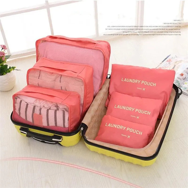 6 Pcs/Set Travel Storage Bag: Pink/Blue/Grey Large Capacity Waterproof Luggage Clothing Underwear Storage with Zipper