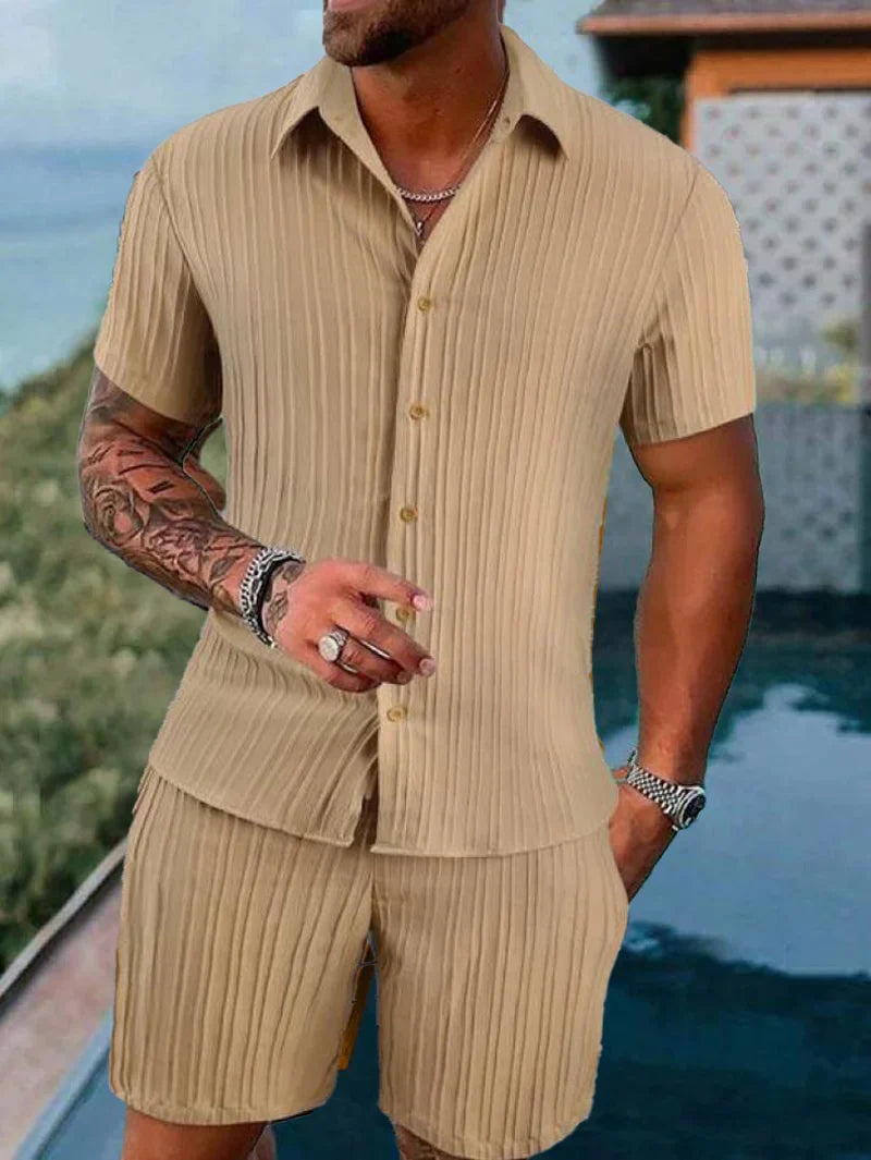 Men's Striped Jacquard Beach Shirt & Shorts Set — Spring Summer Casual Loose Fit, Europe & US Style