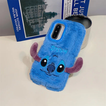 Cute Cartoon Stitch Plush Phone Case with Lens Holder – Shockproof Cover for Samsung Galaxy S23/S24/S25 Plus Ultra A56