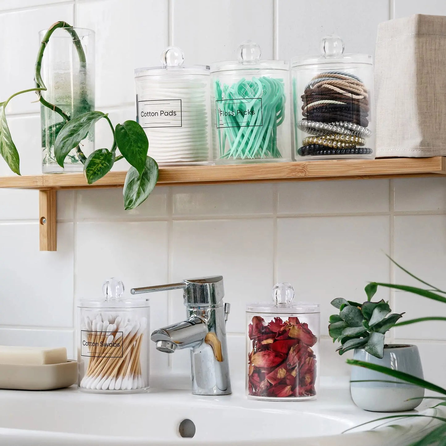 4-Pack Acrylic Q-tip Holder Dispenser – Clear Vanity Organizer for Cotton Swabs, Balls, Pads, and Floss Picks