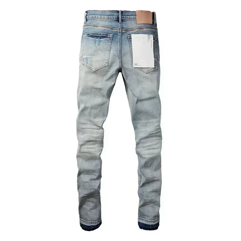 2025 Men’s High Street Ripped Skinny Jeans — Low Rise Blue Distressed Denim Fashion Repair Trousers 9003