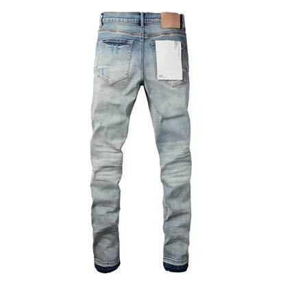 2025 Men’s High Street Ripped Skinny Jeans — Low Rise Blue Distressed Denim Fashion Repair Trousers 9003