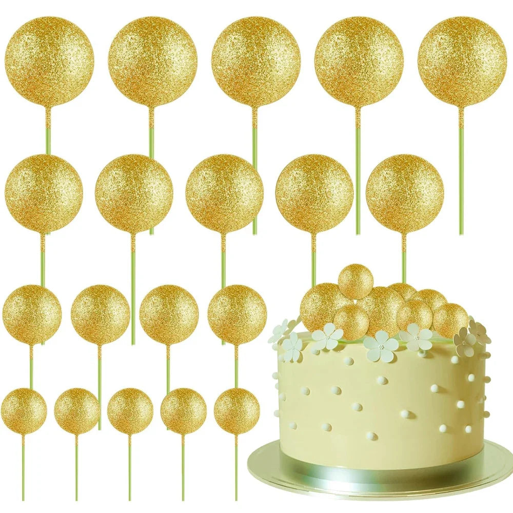 20Pcs Colorful Cake Topper Balls – Gold, Silver & Pastel DIY Cake Decorations for Birthday, Wedding & Party Supplies