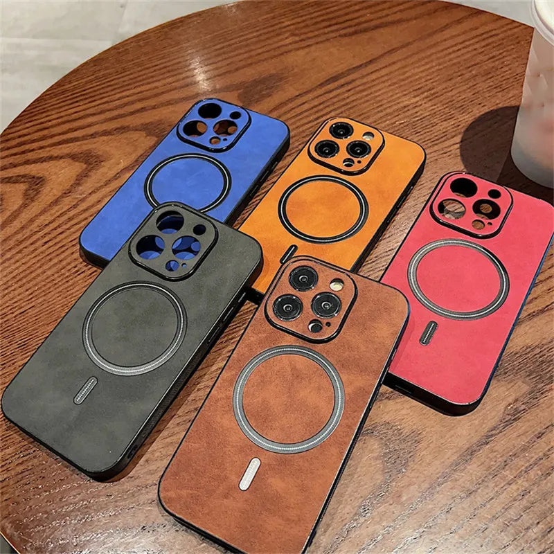 Luxury Cortex Leather Magnetic Phone Case - Wireless Charging Shockproof Bumper Cover for iPhone 12, 13, 14, 15, 16 & 17 Pro Max