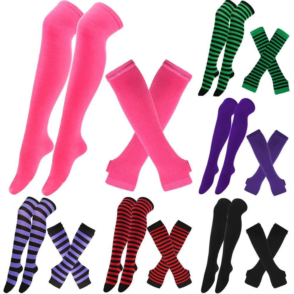 Women & Girls Over Knee Long Stripe Printed Thigh High Cotton Socks – Cute Plus Size Arm Sleeve Gloves & Overknee Socks