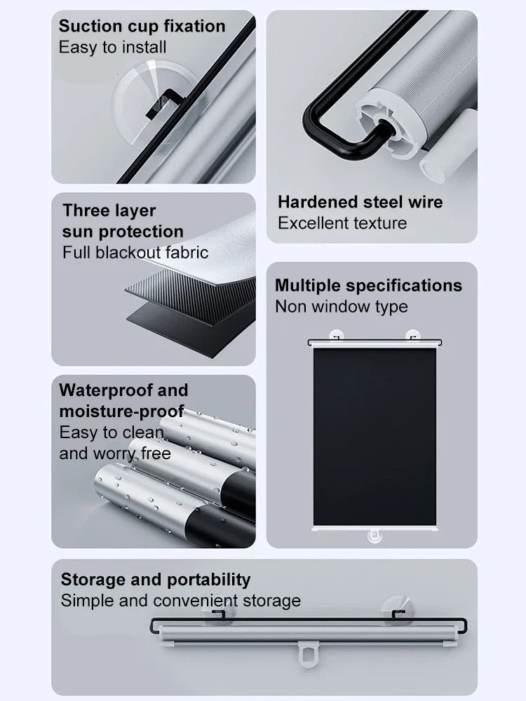Sunshade Roller Blinds – Blackout Retractable Window Curtains with Suction Cup, Punch-Free for Kitchen & Bedroom