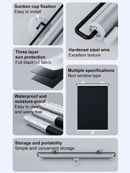 Sunshade Roller Blinds – Blackout Retractable Window Curtains with Suction Cup, Punch-Free for Kitchen & Bedroom