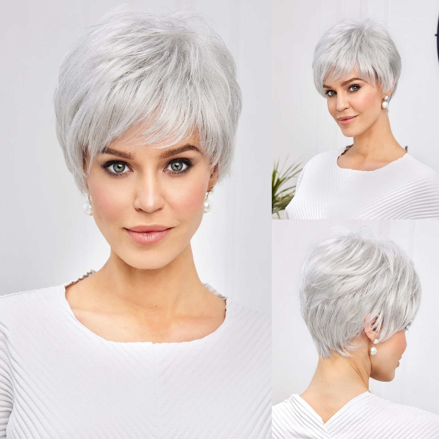Light Blonde Mixed Off-White Pixie Cut Wig for Women – Bangs with Kanekalon Human-Hair-Like Texture, Natural Layered Hair