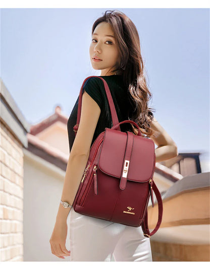 Luxury Leather Backpack for Women - Vintage Black Daypack, Casual School Bag for Girls, Mochila Rucksack Style