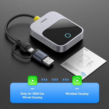 Baseus Wireless CarPlay Adapter - Wired to Wireless Auto Connect, Plug & Play Bluetooth Smart Car System