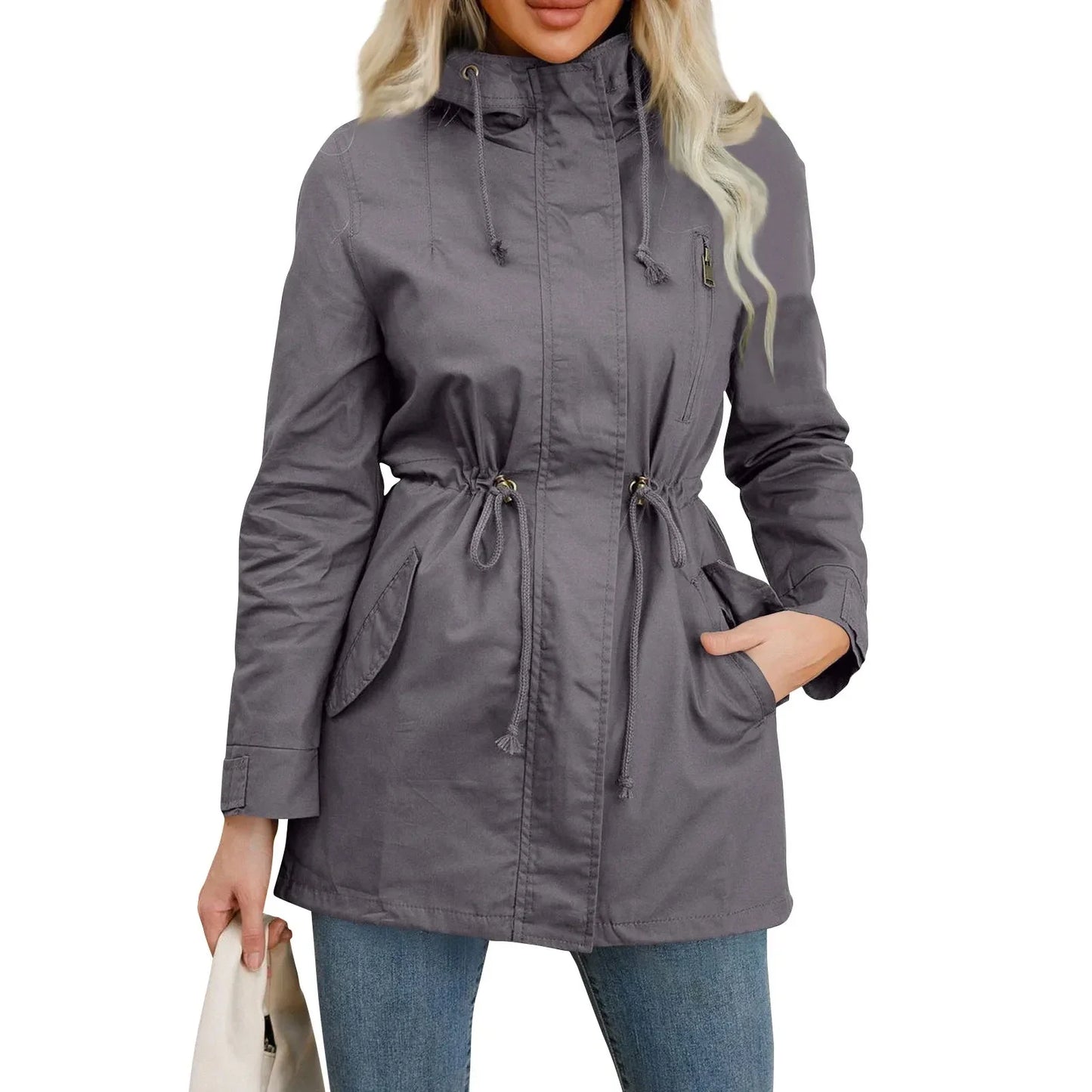 Women’s Hooded Trench Coat - Fitted Solid Color Jacket for Spring, Autumn & Outdoor Wear