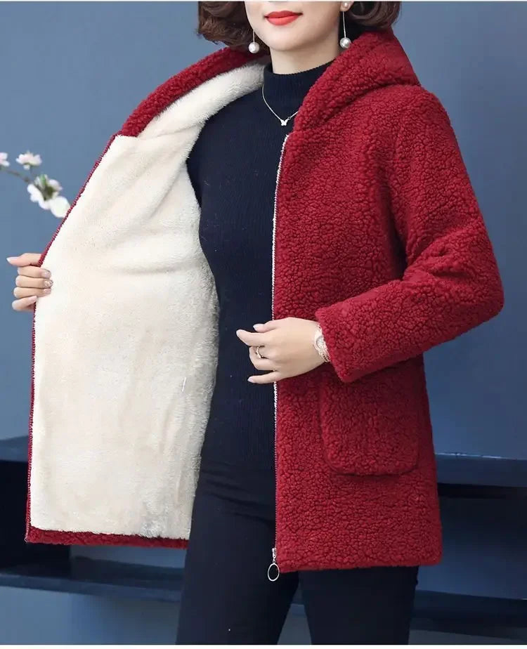Women’s Thickened Hooded Cotton Jacket – Fleece-Lined Winter Coat, Warm Mommy-Style Outerwear by AE Stock