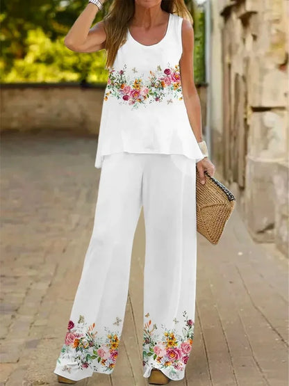 Women Printed 2-Piece Summer Suit Set – Sleeveless Round Neck Top & Wide Leg Pants Casual Loose Fit Outfit