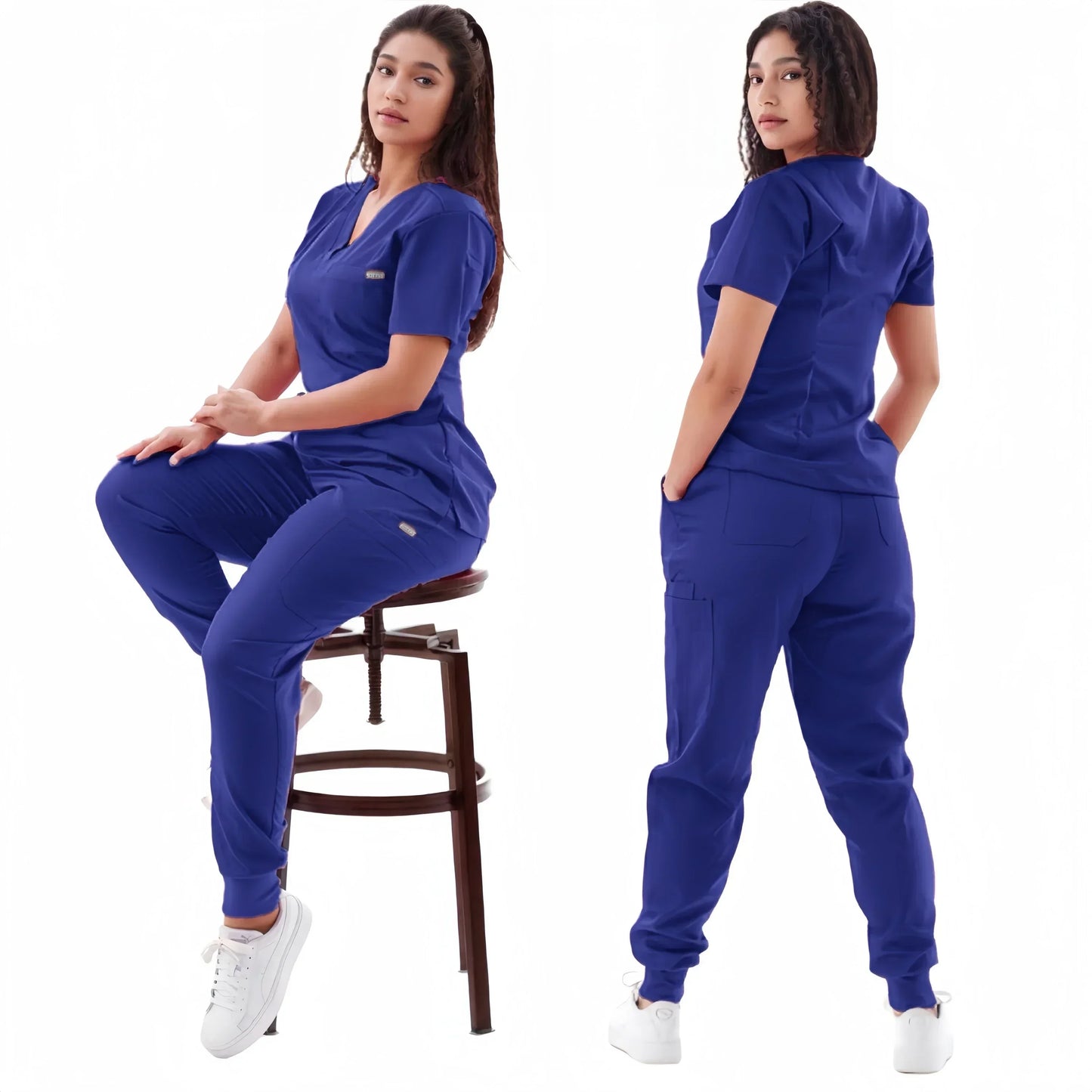 Multicolor Jogger Suit Nurse Scrubs Set - Medical Clinical Clothes with Short Sleeve V-Neck Tops and Pocket Pants, Doctor Nursing Uniforms