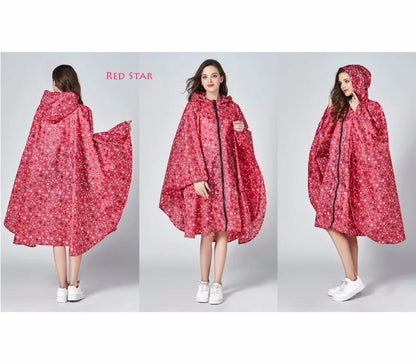 Women's Fashionable Waterproof Rain Poncho - Colorful Print, Hooded with Zipper, Stylish Raincoat