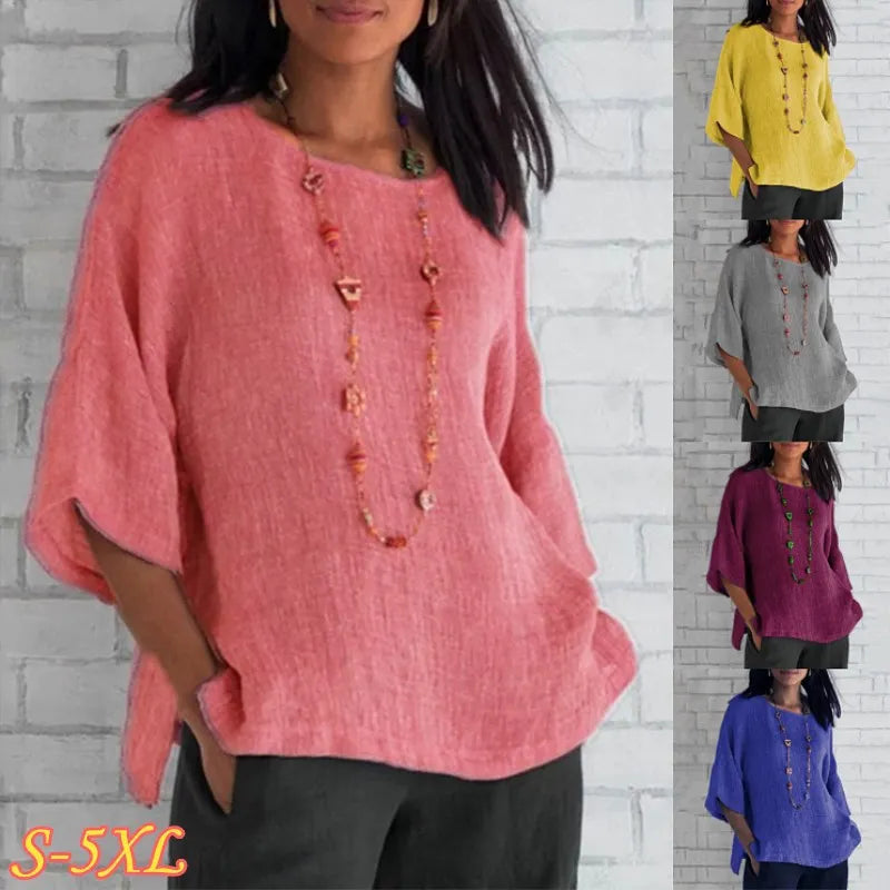 Women's Cotton Blouse Shirt - Loose 3/4 Sleeve O-Neck Casual Summer Streetwear Top