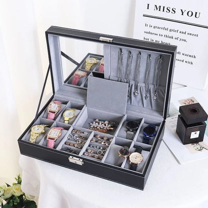 PU Leather Jewelry & Watch Organizer Box — Storage Case for Rings, Earrings, Bracelets, Perfect Gift Casket