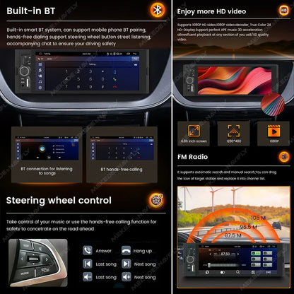6.86" 1-DIN Car Stereo - HD Touchscreen Wireless CarPlay Bluetooth FM USB Multimedia Player