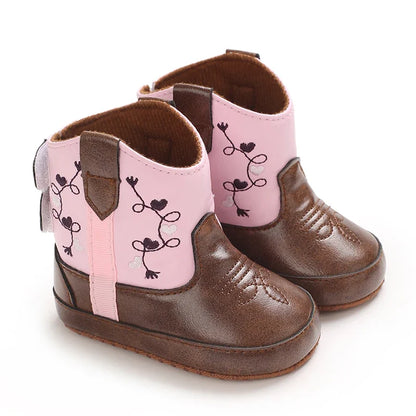 Western Cowboy Baby Boots - Soft Sole Embroidered Pre-Walker Shoes for Newborn Girls 0-18M