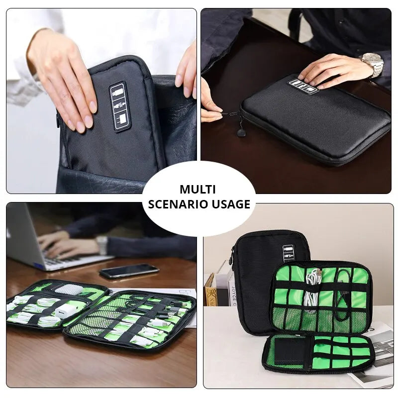 Portable Electronic Accessory Organizer: Black Green Storage Bag for USB Cables, Chargers & More - Waterproof Travel Case